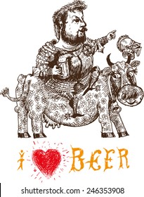 Fan of beer. The cheerful cartoon knight goes on a cow