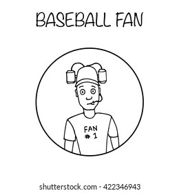 Fan with beer helmet. Sport, baseball. Hand drawn black and white vector stock illustration