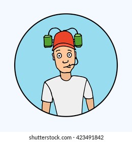 Fan with beer helmet. Sport, baseball, football, soccer. Hand drawn colorful vector stock illustration