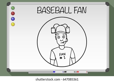 Fan with beer helmet. Sport, baseball. Hand drawn black and white vector stock illustration