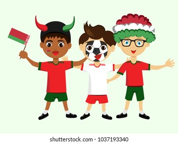 Fan of Belarus national football, hockey, basketball team, sports. Boy with Belarus flag in the colors of the national command with sports paraphernalia. Boy with Belarus flag in the form of a sport.