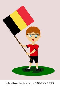 Fan of Belgium national football, hockey, basketball team, sports. Boy with Belgium flag in the colors of the national command with sports paraphernalia. Boy with Belgium flag in the form of a sport.