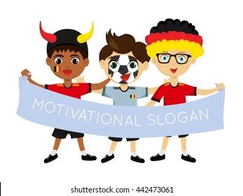 Fan of Belgium national football team, sports. Boy with flag in the colors of the national command with sports paraphernalia.