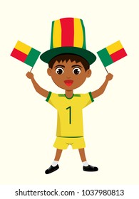 Fan of Benin national football, hockey, basketball team, sports. Boy with Benin flag in the colors of the national command with sports paraphernalia. Boy with Benin flag in the form of a sport.