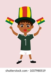 Fan of Bolivia national football, hockey, basketball team, sports. Boy with Bolivia flag in the colors of the national command with sports paraphernalia. Boy with Bolivia flag in the form of a sport.