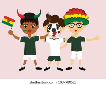 Fan of Bolivia national football, hockey, basketball team, sports. Boy with Bolivia flag in the colors of the national command with sports paraphernalia. Boy with Bolivia flag in the form of a sport.