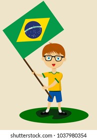 Fan of Brazil national football, hockey, basketball team, sports. Boy with Brazil flag in the colors of the national command with sports paraphernalia. Boy with Brazil flag in the form of a sport.