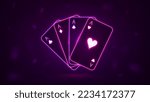 A fan of bright neon cards for playing poker. Four hearts, diamonds, crosses and spades aces.