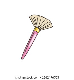 Fan brush for applying cosmetics. Beauty accessory. Girly stuff. Colorized doodle style. Vector illustration on isolated white background. For printing on paper and canvas, web design