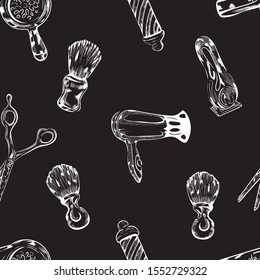 Fan, brushes, scissors hand drawn seamless pattern on black background . Concept for print, web design, cards, textile