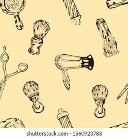 Fan, brushes, scissors, razors hand drawn seamless vector pattern.