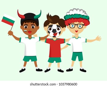 Fan of Bulgaria national football, hockey, basketball team, sport. Boy with Bulgaria flag in the colors of the national command with sport paraphernalia. Boy with Bulgaria flag in the form of a sport
