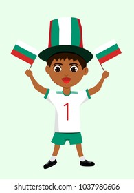 Fan of Bulgaria national football, hockey, basketball team, sport. Boy with Bulgaria flag in the colors of the national command with sport paraphernalia. Boy with Bulgaria flag in the form of a sport