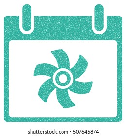 Fan Calendar Day grainy textured icon for overlay watermark stamps. Flat symbol with dirty texture. Dotted vector cyan ink rubber seal stamp with grunge design on a white background.