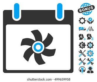 Fan Calendar Day icon with bonus tools icon set. Vector illustration style is flat iconic symbols, blue and gray, white background.