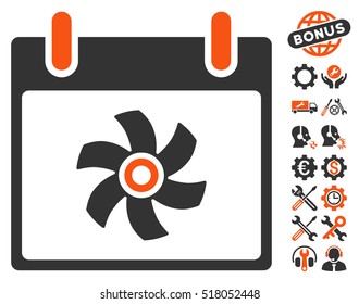 Fan Calendar Day icon with bonus tools icon set. Vector illustration style is flat iconic symbols, orange and gray, white background.