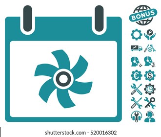 Fan Calendar Day icon with bonus configuration pictograms. Vector illustration style is flat iconic symbols, soft blue, white background.