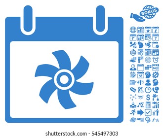 Fan Calendar Day icon with bonus calendar and time management symbols. Vector illustration style is flat iconic symbols, cobalt, white background.