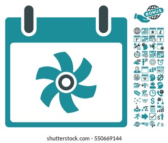 Fan Calendar Day pictograph with bonus calendar and time management graphic icons. Vector illustration style is flat iconic symbols, soft blue, white background.