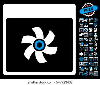 Fan Calendar Page icon with bonus calendar and time management images. Vector illustration style is flat iconic symbols, blue and white, black background.
