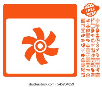 Fan Calendar Page pictograph with bonus calendar and time management symbols. Vector illustration style is flat iconic symbols, orange, white background.
