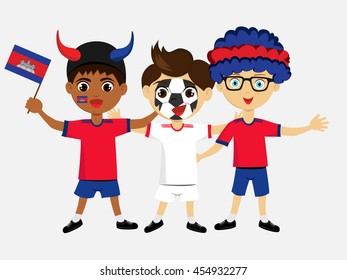 Fan of Cambodia national football team, sports. Boy with flag in the colors of the state command with sports paraphernalia.