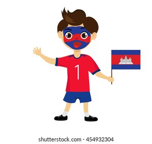 Fan of Cambodia national football team, sports. Boy with flag in the colors of the state command with sports paraphernalia.