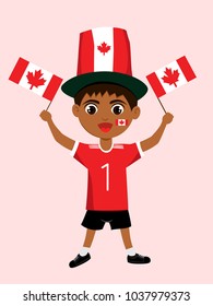 Fan of Canada national football, hockey, basketball team, sports. Boy with Canada flag in the colors of the national command with sports paraphernalia. Boy with Canada flag in the form of a sport.