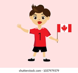 Fan of Canada national football, hockey, basketball team, sports. Boy with Canada flag in the colors of the national command with sports paraphernalia. Boy with Canada flag in the form of a sport.