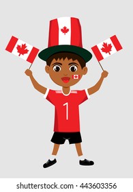 Fan of Canada national football team, sports. Boy with flag in the colors of the national command with sports paraphernalia.