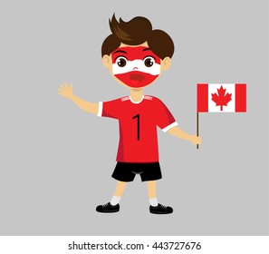 Fan of Canada national football team, sports. Boy with flag in the colors of the national command with sports paraphernalia.