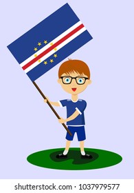 Fan of Cape Verde national football, hockey, basketball team, sports. Boy with Cape Verde flag in the colors of the national command with sports paraphernalia. Boy with Cape Verde flag in the form.