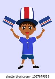 Fan of Cape Verde national football, hockey, basketball team, sports. Boy with Cape Verde flag in the colors of the national command with sports paraphernalia. Boy with Cape Verde flag in the form.