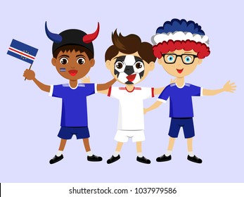 Fan of Cape Verde national football, hockey, basketball team, sports. Boy with Cape Verde flag in the colors of the national command with sports paraphernalia. Boy with Cape Verde flag in the form.
