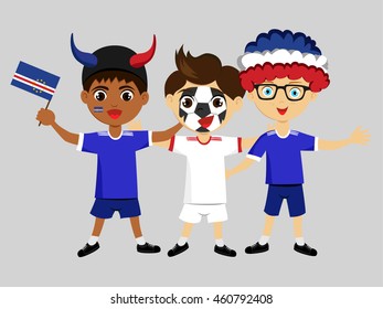Fan of Cape Verde national football team, sports. Boy with flag in the colors of the state command with sports paraphernalia.