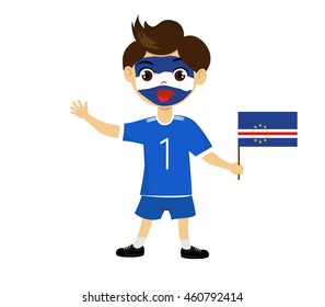 Fan of Cape Verde national football team, sports. Boy with flag in the colors of the state command with sports paraphernalia.