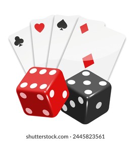 Fan of cards and two dice. Vector illustration isolated on white background.
