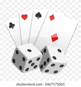 Fan of cards and two dice. Vector illustration isolated on transparent background.