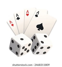 Fan of cards and two white dice. Vector illustration isolated on white background.