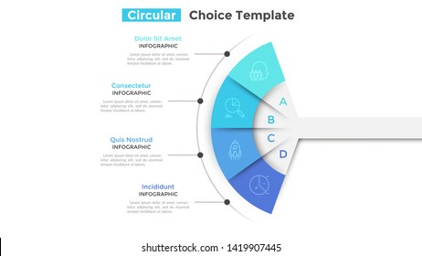 Fan chart divided into 4 parts or pieces. Concept of four business features or options to choose. Simple infographic design template. Modern flat vector illustration for website, presentation.