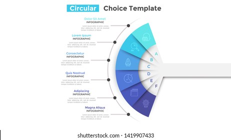 Fan chart divided into 6 parts or pieces. Concept of six business features or options to choose. Simple infographic design template. Modern flat vector illustration for website, presentation.