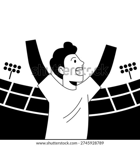 A fan cheering enthusiastically at a stadium during a sports game with arms raised