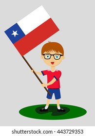 Fan of Chile national football team, sports. Boy with flag in the colors of the national command with sports paraphernalia.