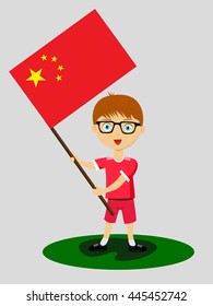 Fan of China (PRC) national football team, sports. Boy with flag in the colors of the state command with sports paraphernalia. Red clothing.