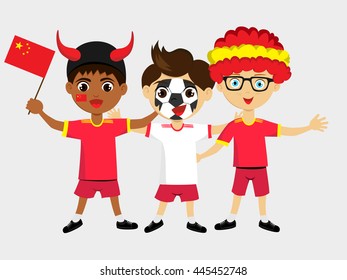 Fan of China (PRC) national football team, sports. Boy with flag in the colors of the state command with sports paraphernalia. Red clothing.