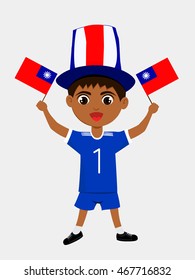 Fan of Chinese Taipei national football team, sports. Boy with flag in the colors of the state command with sports paraphernalia.