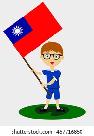 Fan of Chinese Taipei national football team, sports. Boy with flag in the colors of the state command with sports paraphernalia.