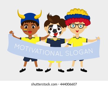 Fan of Colombia national football team, sports. Boy with flag in the colors of the national command with sports paraphernalia.
