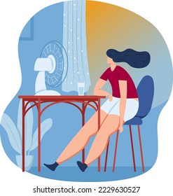 Fan concept, woman summer weather, sitting hot house, electric air, hair develop, design, cartoon style vector illustration.