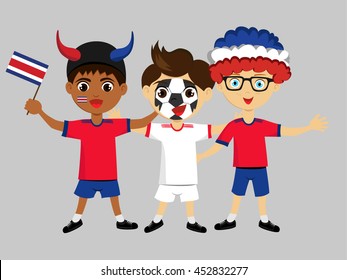 Fan of Costa Rica national football team, sports. Boy with flag in the colors of the national command with sports paraphernalia.